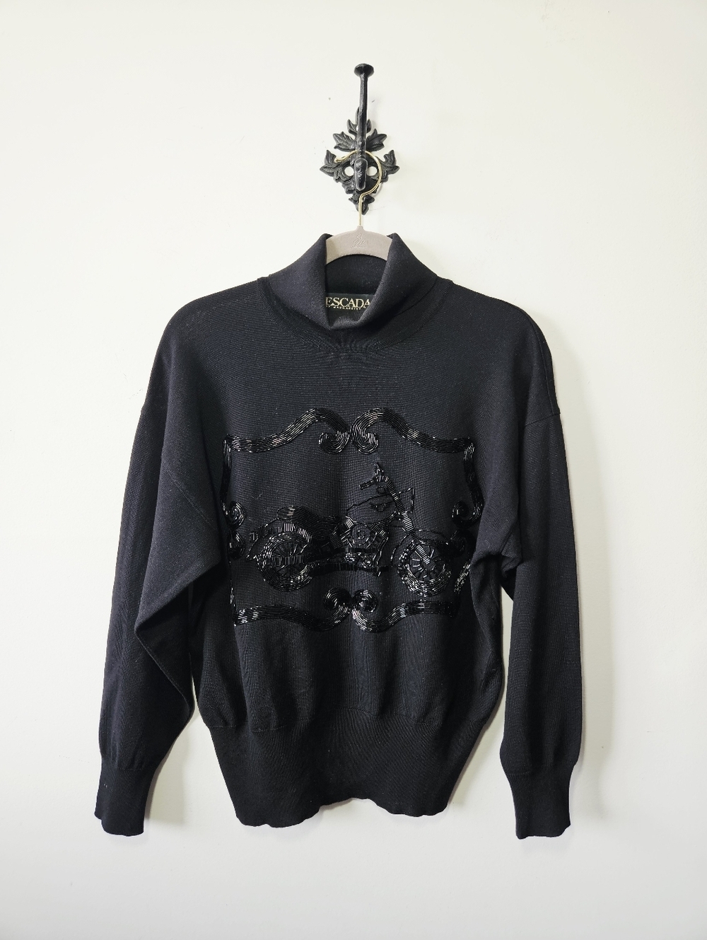 Vintage Escada Beaded Motorcycle Sweater Size 40 US L Black Wool Turtleneck